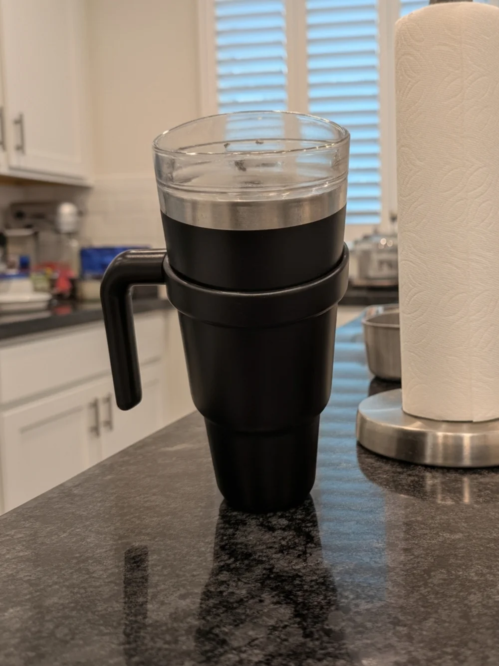 Insulated Black Travel Mug with Handle and Clear Lid